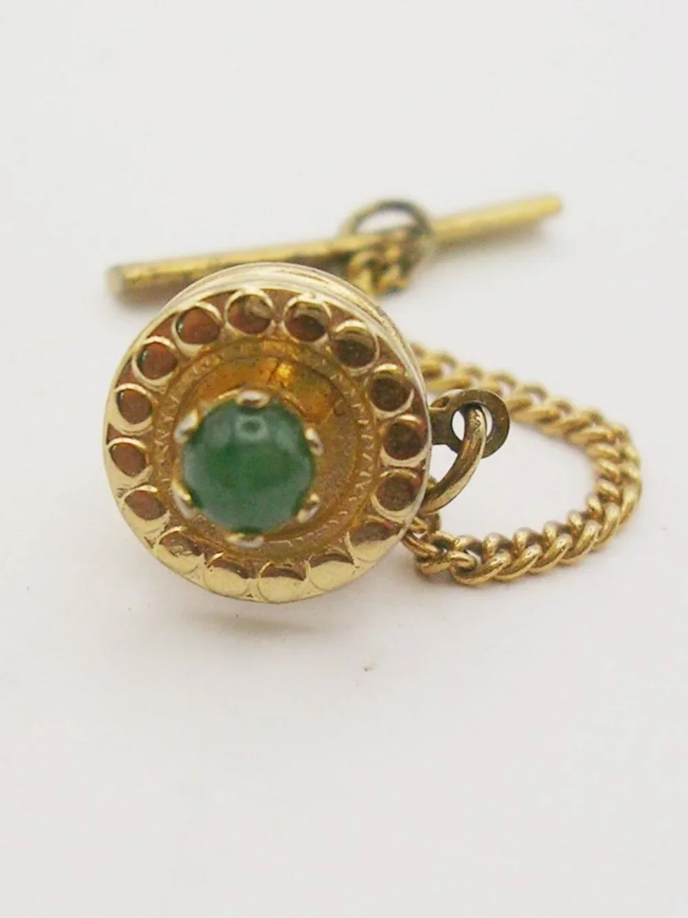 Vintage Tie Tack Pin with Chain genuine Jade Pearl classic Men Formal Wear